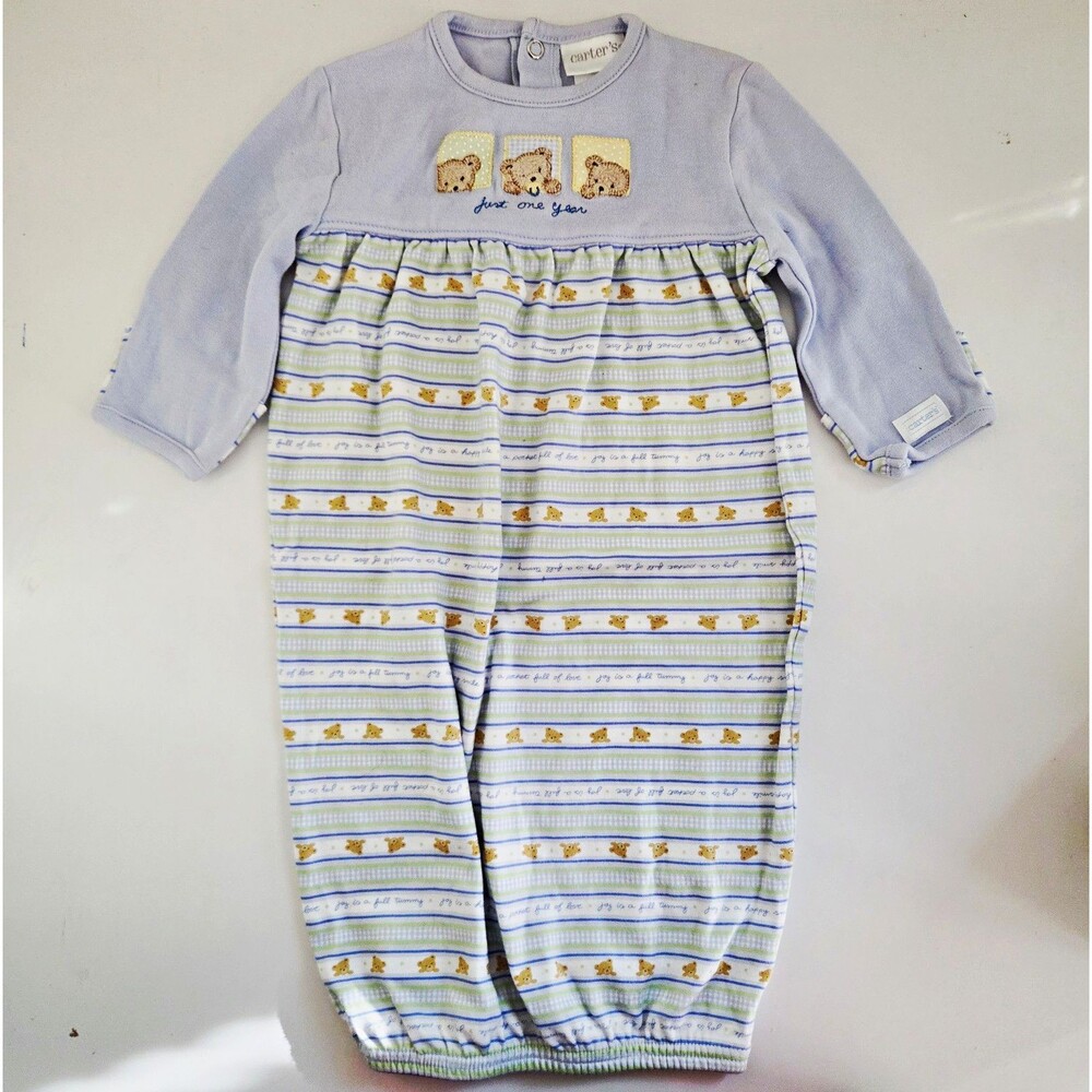 Carter's Baby One-Piece Gown Striped Bear Embroidered Snap Elastic Hem 1 Size